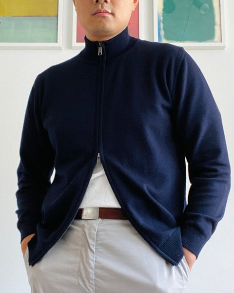 Navy Full Zip Merino Cardigan with Two Way Zippers