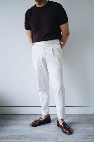White Four Seasons Stretch Cotton Pleated and Side Tabbed Trousers
