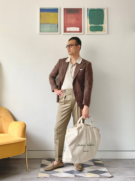 Taupe Lightweght Stretch Cotton Pleated Trousers