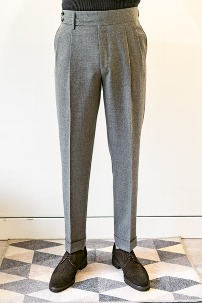 Medium Grey Lightweight Virgin Wool Flannel Pleated and Side Tabbed Trousers