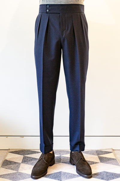 Navy Lightweight Virgin Wool Flannel Pleated Trousers