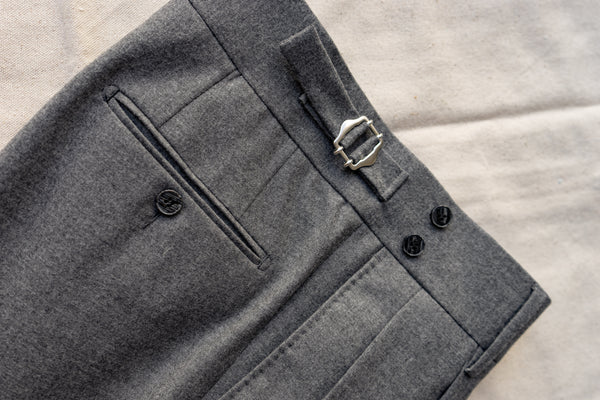 Medium Grey Lightweight Virgin Wool Flannel Pleated and Side Tabbed Trousers