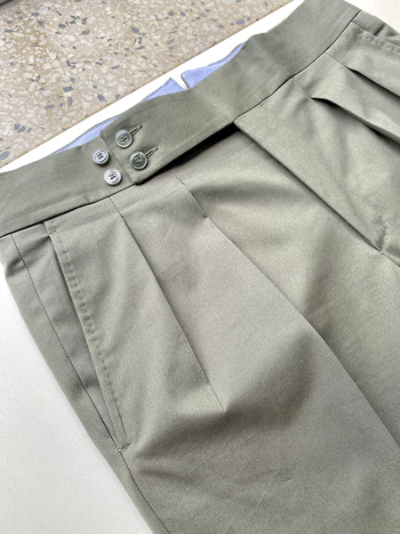 Military Green Lightweght Stretch Cotton Pleated Trousers