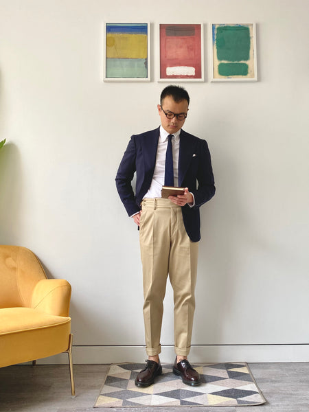 Beige Four Seasons Stretch Cotton Pleated and Side Tabbed Trousers