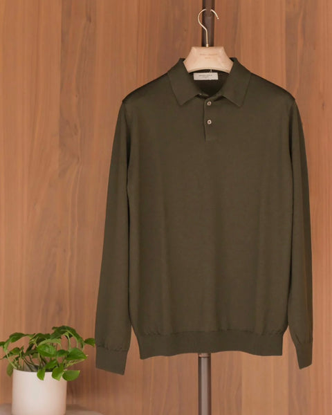 Mooncastle Olive Merino Wool Long Sleeve Polo Sweater