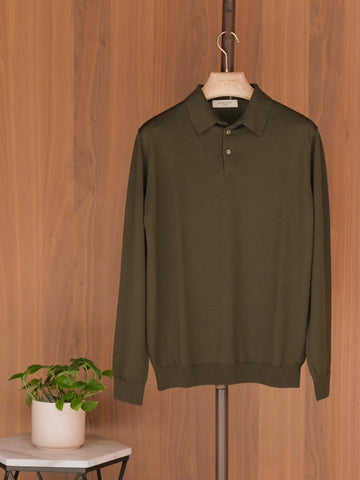 Mooncastle Olive Merino Wool Long Sleeve Polo Sweater