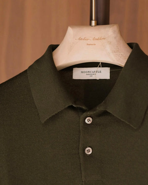 Mooncastle Olive Merino Wool Long Sleeve Polo Sweater