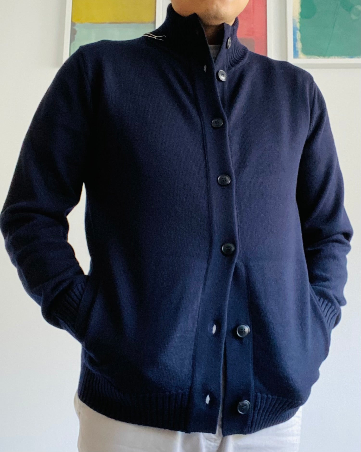 Navy Button Up Collared Merino Cardigan