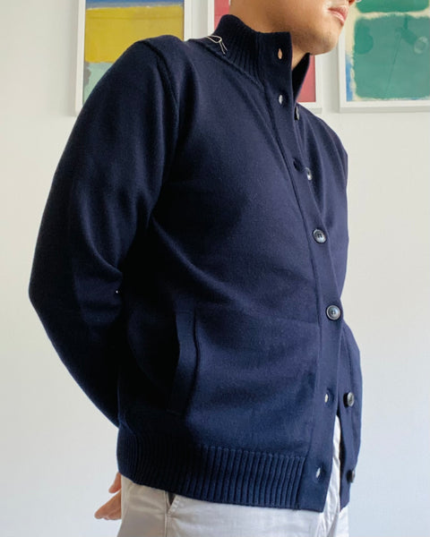 Navy Button Up Collared Merino Cardigan