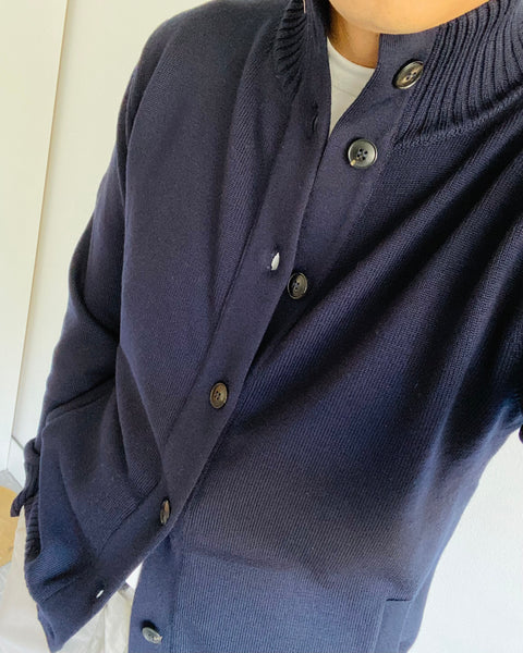 Navy Button Up Collared Merino Cardigan