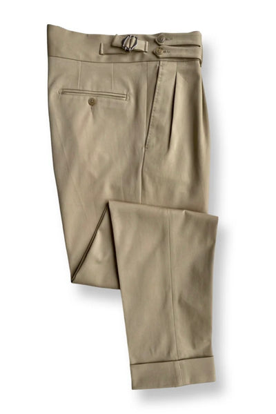 Beige Four Seasons Stretch Cotton Pleated and Side Tabbed Trousers
