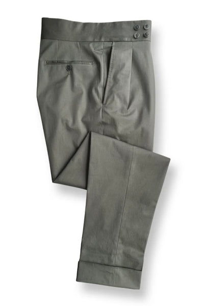 Military Green Lightweght Stretch Cotton Pleated Trousers