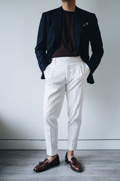 White Four Seasons Stretch Cotton Pleated and Side Tabbed Trousers