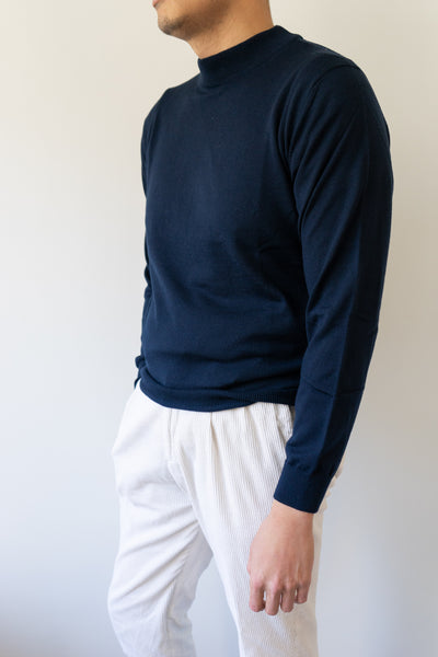 Mooncastle Navy Washable Merino Wool Mock Neck Sweater