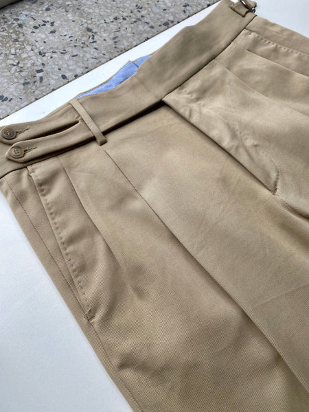 Beige Four Seasons Stretch Cotton Pleated and Side Tabbed Trousers