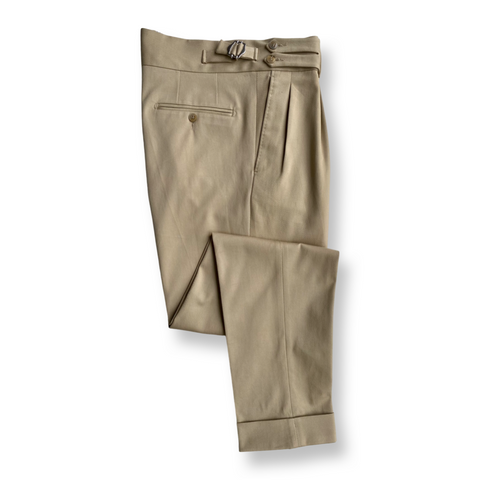 Beige Four Seasons Stretch Cotton Pleated and Side Tabbed Trousers